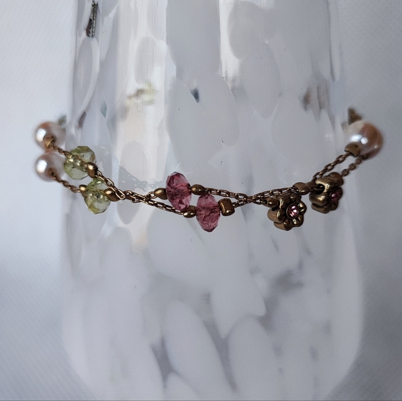 Premier Designs Brand Dual Chain Bracelet Gold Tone Glass Pearls Punk Green NWT - Picture 5 of 9